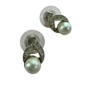 VINTAGE Faux Pearl and Rhinestone? Stud Earrings with Crossover Detail‎